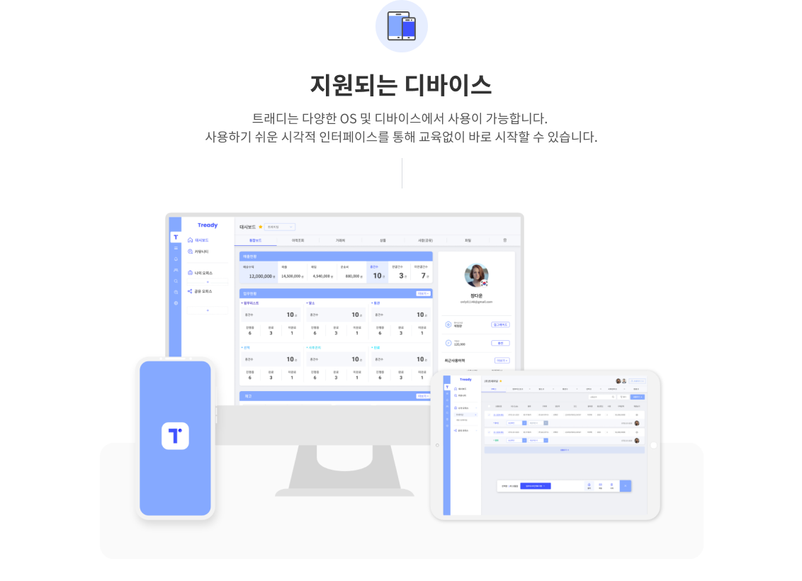 지원되는 디바이스-트래디는 다양한 OS 및 디바이스에서 사용이 가능합니다. 
            사용하기 쉬운 시각적 인터페이스를 통해 교육없이 바로 시작할 수 있습니다.